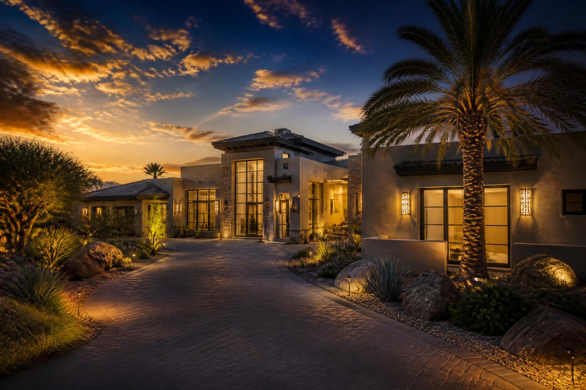 Luxury Scottsdale-style desert home at dusk
